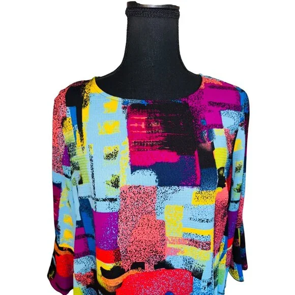 ALI MILES Bright Artsy Abstract Print 3/4 Flutter Sleeve Blouse S Artsy Travel - Picture 3 of 12
